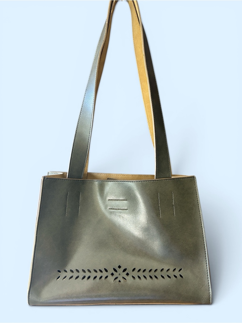 Mondani Olive Green and Tan Shoulder Tote Bag- beautiful stitching - unique EUC